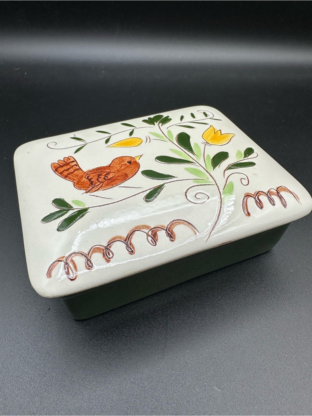 Stangl Pottery Lidded Box #3840 – Cottagecore Folk Art Bird & Floral, EUC!!